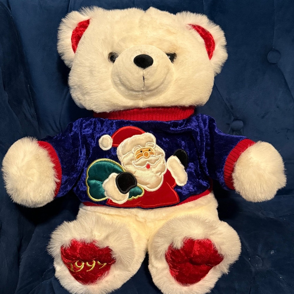 Vintage Christmas Bear Plush Stuffed Animal‎ White Blue Santa Shirt Kmart 1999